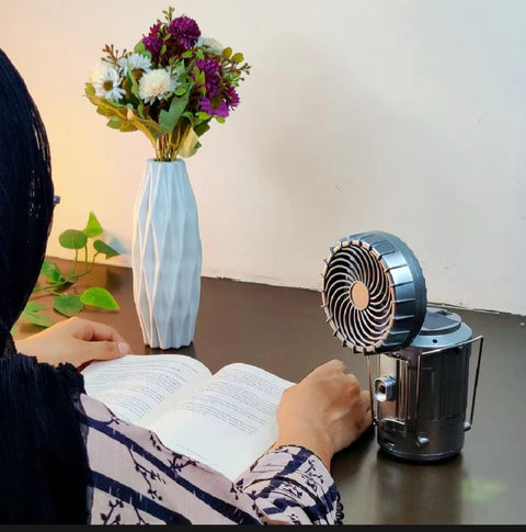 6-in-1 Portable Camping Lantern – Solar Rechargeable LED Light with Fan