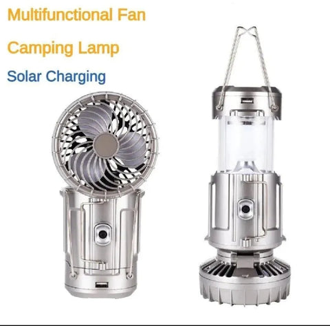 6-in-1 Portable Camping Lantern – Solar Rechargeable LED Light with Fan