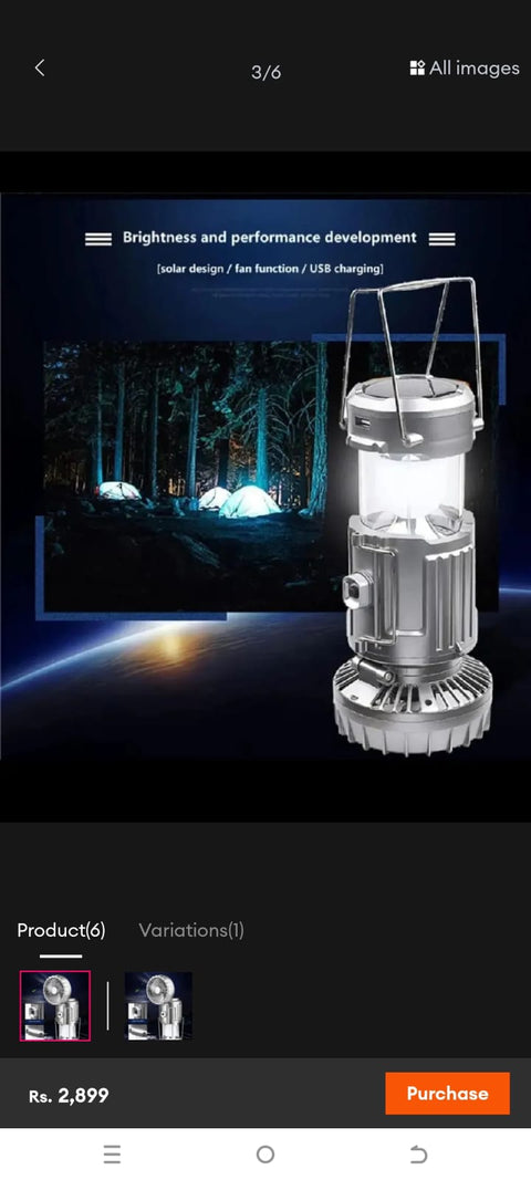 6-in-1 Portable Camping Lantern – Solar Rechargeable LED Light with Fan